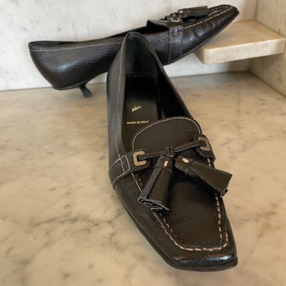 PRADA Tassel Kitten Heel Black Vintage Pumps 37 1/2